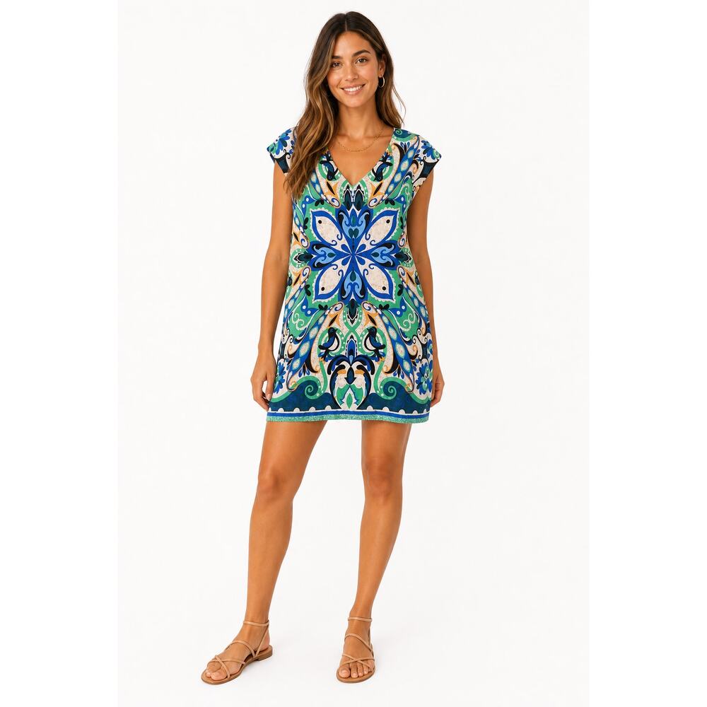 Maeve Blue & Green Paisley V-Neck Mini Dress